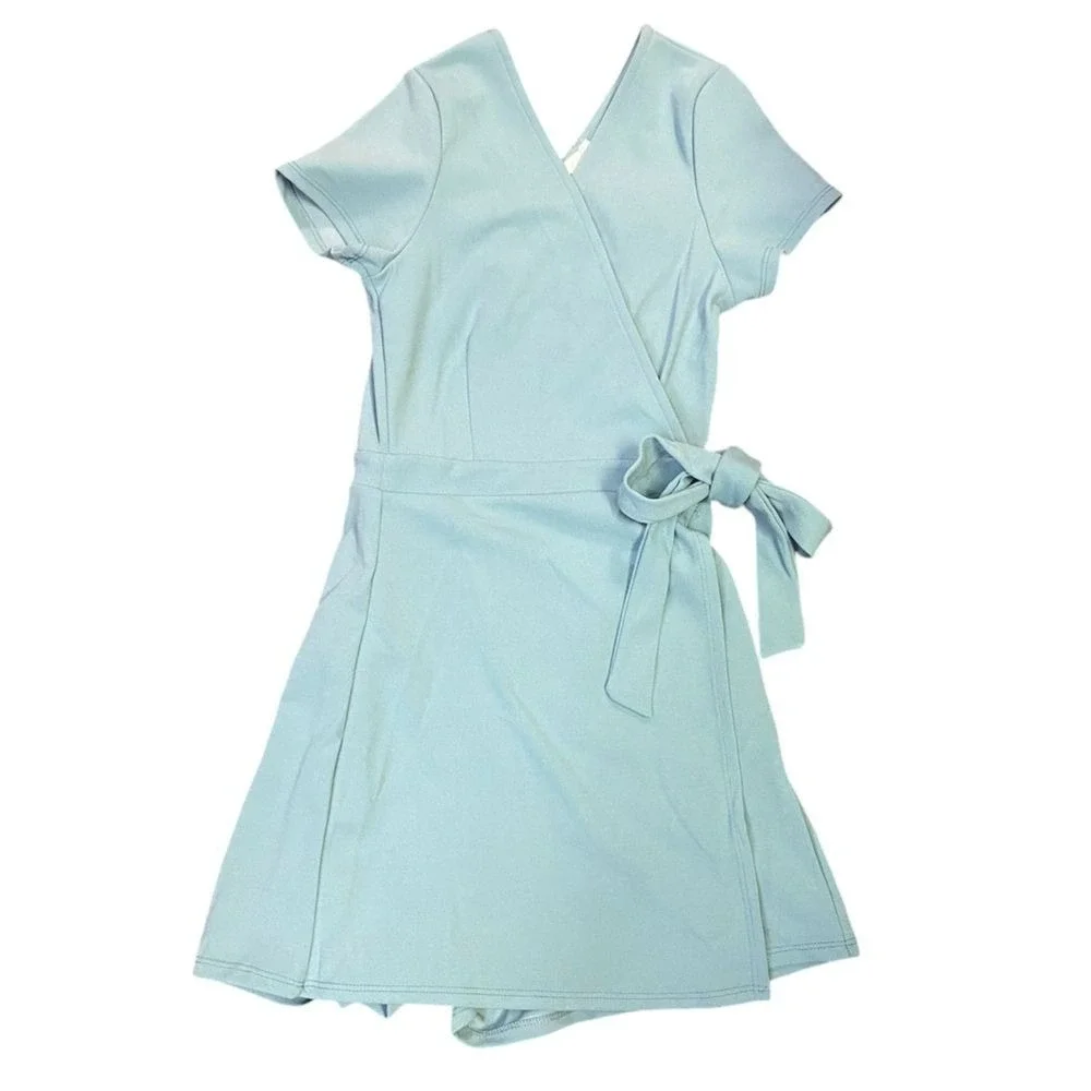 Dee Elly Faux Dress Romper Shorts, Zipper Back, Side Tie, Aqua Color, Small NWOT